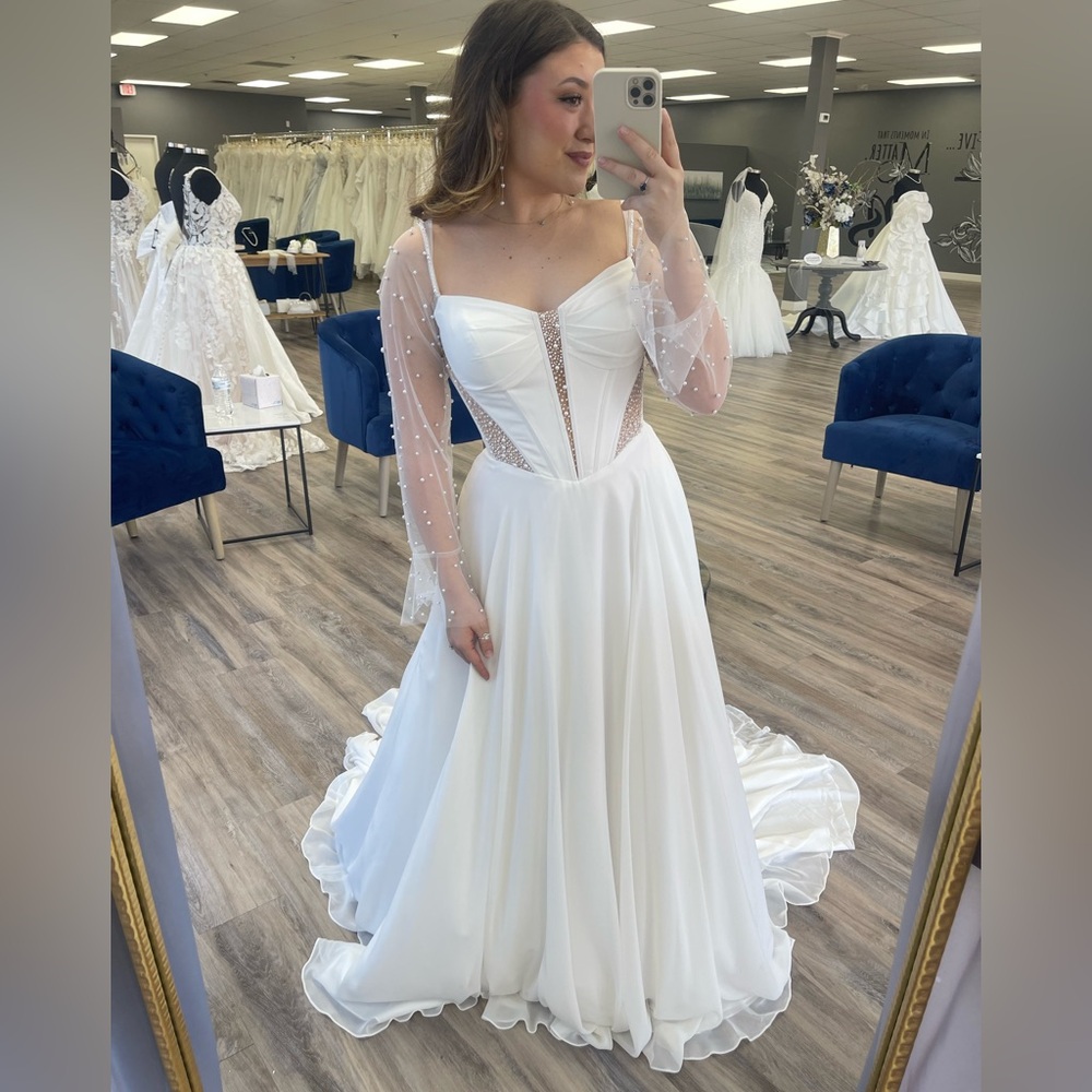 Nora Spencer Signature A-Line Wedding Gown with Detachable Sheer Pearl Sleeves